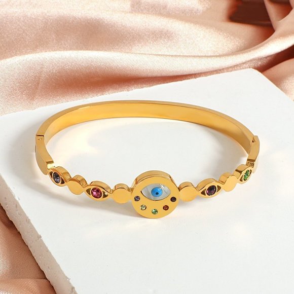 Evil Eye Bracelet, Protection Birthstone Bracelet, Gold Bangle Cuff Bracelet - Picture 7 of 10